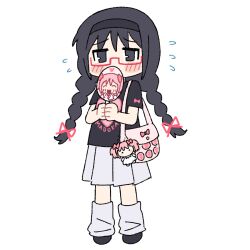 Rule 34 | 1girl, akemi homura, bag, black hair, black headband, black shoes, blush, bow, braid, character doll, character fan, character name, daily danmi, doll, glasses, headband, heart, heart print, itabag, kaname madoka, korean commentary, long hair, looking at viewer, mahou shoujo madoka magica, mahou shoujo madoka magica (anime), pink bow, pink ribbon, pleated skirt, red-framed eyewear, ribbon, shoes, shoulder bag, skirt, socks, sweatdrop, twin braids, white background, white socks