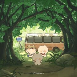 animal artist_name backpack bag bear blush chibi closed_eyes day forest full_body grass hat highres kocobear leaf nature no_humans open_mouth original outdoors plant road_sign rock scenery shadow sign smile solid_circle_eyes standing tree walking