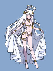 1girl alternate_costume animal_ears arknights barefoot blue_background blush bracelet cape cape_lift chinese_commentary cleft_of_venus commentary_request fake_halo flat_chest frown gold gold_anklet gold_armlet gold_belt gold_bracelet gold_collar halo highres horse_ears horse_girl horse_tail hydrogina jewelry large_variant_set laurel_crown long_hair looking_at_viewer navel nipples nude platinum_(arknights) purple_eyes pussy revealing_clothes ringed_eyes simple_background solo tail tassel vanripper_(style) variant_set white_cape white_hair yellow_halo