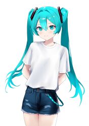 1girl absurdres alternate_costume aqua_eyes aqua_hair arms_behind_back commentary_request cowboy_shot denim denim_shorts hair_between_eyes hair_intakes hatsune_miku highland highres light_smile long_hair looking_at_viewer shirt shirt_tucked_in short_shorts shorts simple_background solo t-shirt twintails vocaloid white_background white_shirt