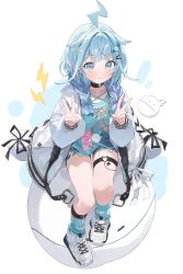 1girl absurdres ahoge black_choker black_ribbon blue_eyes blue_hair blue_shirt blue_shorts blue_socks braid cellphone choker closed_mouth collarbone commentary double_v full_body highres hololive hololive_dev_is jacket light_blush long_hair long_sleeves looking_at_viewer low_twin_braids mizumiya_su multicolored_hair nel_dcm o-ring o-ring_choker o-ring_thigh_strap phone purple_hair ribbon shirt shoes shorts smartphone smile sneakers socks solo streaked_hair thigh_strap twin_braids v virtual_youtuber white_background white_jacket white_shoes