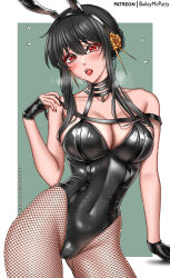 1girl baileymcpatty bare_shoulders black_choker black_hair black_leotard blush border breasts choker cleavage collarbone contrapposto covered_navel crotch fingerless_gloves fishnet_pantyhose fishnets gloves green_background hair_bun highres large_breasts leotard long_hair looking_at_viewer narrow_waist open_mouth pantyhose patreon_username playboy_bunny red_eyes sidelocks solo spy_x_family steam tongue white_border yor_briar