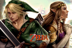 1boy 1girl 2015 armor artist_name belt blonde_hair blue_eyes braid brown_gloves brown_hair copyright_name earrings elbow_gloves eyeshadow gloves hat holding holding_sword holding_weapon jewelry kathryn_lee_steele link makeup navi nintendo own_hands_together pointy_ears princess_zelda sheath shoulder_armor sword the_legend_of_zelda the_legend_of_zelda:_twilight_princess tiara twin_braids weapon white_gloves