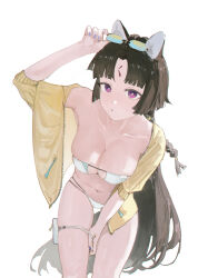 1girl absurdres alternate_breast_size alternate_costume animal_ears arknights bikini breasts bright_pupils brown_hair cleavage collarbone cowboy_shot eyepatch_bikini eyewear_on_head facial_mark glasses highres jacket large_breasts long_hair looking_at_viewer monmon_(sleepymonmon) multi-strapped_bikini_bottom navel open_clothes open_jacket purple_eyes purple_nails saga_(arknights) shadow short_sleeves simple_background single_bare_shoulder solo stomach straight_hair swimsuit thigh_strap white_background white_bikini white_pupils yellow_jacket