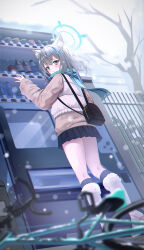 animal_ears blue_archive caba_(caba091) hair_ornament hairclip highres looking_at_viewer shiroko_(blue_archive) snow sweater thighs tree