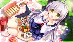 1girl animal bird blush food game_cg hayakawa_harui highres light_purple_hair long_hair school_uniform shoujo_shin&#039;iki_shoujo_tengoku takagi_sana yellow_eyes