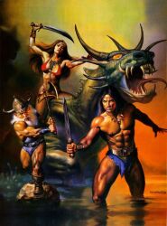 ax_battler axe bikini boots boris_vallejo dragon dwarf gilius_thunderhead golden_axe golden_axe_ii holding holding_axe holding_sword holding_weapon loincloth muscular muscular_male raise_sword red_bikini riding sega swimsuit sword third-party_source wading water weapon