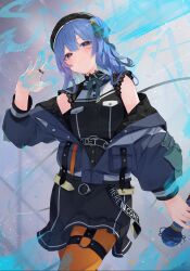 1girl absurdres belt beret blue_eyes blue_hair bow bowtie breast_pocket button_dress collared_shirt colored_inner_hair commentary_request double-parted_bangs down_jacket dress frilled_dress frills from_below hair_ornament hat highres holding holding_microphone hololive hoshimachi_suisei hoshimachi_suisei_(casual) jacket jewelry looking_at_viewer microphone motoi_(croa76) multicolored_hair o-ring o-ring_belt o-ring_garter_belt o-ring_thigh_strap off_shoulder official_alternate_costume official_alternate_hairstyle orange_pantyhose pantyhose partially_unzipped pocket quilted_headwear quilted_jacket ring shirt side_ponytail skirt skirt_set sleeve_bow solo star_(symbol) star_hair_ornament thigh_strap two-sided_fabric two-sided_jacket virtual_youtuber