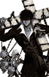 1boy black_hair black_straps black_suit cross cross_punisher formal_clothes highres large_cross male_focus my_nameisyoon nicholas_d._wolfwood punisher_(trigun) suit trigun