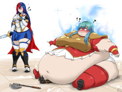 2girls aqua_hair armor axe big_belly blue_hair long_hair multiple_girls red_hair sword weapon weight_gain