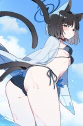 1girl animal_ears bikini black_eyes black_tail blue_archive blue_bikini blue_halo cat_ears cat_girl cat_tail colored_inner_animal_ears halo highres kikyou_(blue_archive) kikyou_(swimsuit)_(blue_archive) layered_bikini multiple_tails official_alternate_costume solo swimsuit tail two_tails usukawa_(uskw_sr)