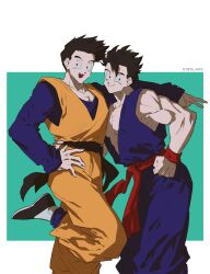 2boys arm_around_shoulder black_eyes black_hair blue_dougi brothers dbtg_hope dougi dragon_ball dragon_ball_gt dragonball_z hand_on_another&#039;s_back hand_on_own_hip highres leg_up looking_to_the_side male_focus multiple_boys muscular muscular_male open_mouth orange_dougi short_hair siblings single_bang smile son_gohan son_goten spiked_hair time_paradox twitter_username v wristband