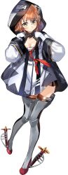 1girl brown_eyes brown_hair clothes_writing flipped_hair full_body gloves grey_thighhighs headgear hood hood_up kantai_collection neckerchief official_art raincoat red_neckerchief richard_p._leary_(kancolle) richard_p._leary_(rainy_season)_(kancolle) rudder_footwear short_hair solo standing thighhighs transparent_background white_gloves white_raincoat zeco