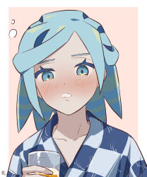 1boy alternate_costume blue_eyes blue_hair blush border closed_mouth collarbone commentary_request eyelashes foam_mustache grusha_(pokemon) hand_up highres holding japanese_clothes kimono male_focus min_(myna8247) nintendo outside_border pokemon pokemon_sv signature solo upper_body white_border