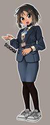 1girl :d artist_name black_pantyhose blue_jacket blue_ribbon blue_skirt brown_eyes brown_hair ergot fang grey_background highres id_card jacket looking_at_viewer neck_ribbon office_lady open_mouth original pantyhose pencil_skirt ribbon shirt shoes simple_background skirt smile sneakers solo standing tina_(ergot) white_shirt white_shoes