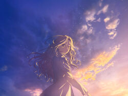 1girl 22/7 cloud dress expressionless grey_hair highres kurubushinenza long_hair looking_at_viewer orihara_sumika outdoors photo_background purple_eyes sidelighting sky solo twilight wind