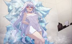Rule 34 | 1girl, :d, bare shoulders, breasts, chinese commentary, commentary, feet out of frame, genshin impact, grey hair, highres, ice, large breasts, ling huanxiang, long hair, looking at viewer, naked towel, open mouth, pink eyes, skirk (genshin impact), smile, solo, standing, thighs, tongue, tongue out, towel, very long hair