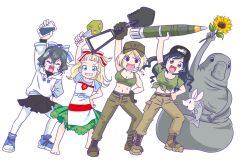 2others 4girls anonymous_(japanese) arm_up azov_battalion barefoot belarusian_flag belarusian_flag_print belt black_shirt black_sweater blonde_hair blouse blue_eyes blue_shirt blue_shoes blue_stripes bob_cut boots bow breasts brown_boots brown_eyes brown_pants cargo_pants cigarette cleavage closed_eyes crop_top dress gloves green_gloves green_hair green_shirt green_tank_top grin hair_between_eyes hair_ribbon hand_on_own_hip hat holding holding_knife holding_missile holding_phone holding_shovel holding_sunflower homunculus_loxodontus hood hoodie jacket japanon knife kraken_(japanon) large_breasts leaning_to_the_side lera_(sighttobehold) long_hair looking_at_viewer marichka medium_breasts midriff military military_uniform miniskirt multiple_girls multiple_others navel open_mouth original outstretched_arm pants pantyhose paulinka_(japanon) peaked_cap phone pinafore_dress pleated_skirt red_stripes ribbon russian_anti-war_flag russo-ukrainian_war schweinokaras sharp_teeth shirt shirt_bow shoes short_hair shovel skirt sleeveless sleeveless_dress smile sneakers squid_print stomach swastika_tattoo sweater tank_top tattoo teeth toes tongue transparent_background turtleneck turtleneck_sweater ukraine upper_teeth_only white_hoodie white_pantyhose