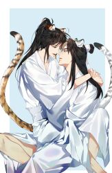 Rule 34 | 2boys, alternate costume, animal ears, bathrobe, bishounen, black eyes, black hair, blue background, chinese clothes, couple, eye contact, face-to-face, hair tie, hanfu, headband, high ponytail, highres, hug, jujeop, kemonomimi mode, lan wangji, long hair, long sleeves, looking at another, male focus, modao zushi, multiple boys, open mouth, ponytail, robe, sidelocks, simple background, sitting, sitting on lap, sitting on person, smile, snow leopard boy, snow leopard ears, snow leopard tail, tail, tiger boy, tiger ears, tiger tail, topknot, wei wuxian, white headband, white robe, wide sleeves, xiao guan (headdress), yaoi, yellow eyes
