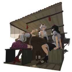 1010kman 3girls alcohol back beer beer_bottle beer_glass black_hair bottle brown_hair cup detached_sleeves drunk geta hat himekaidou_hatate holding holding_cup inubashiri_momiji multiple_girls pink_skirt plaid_clothes plaid_skirt red_eyes red_hat shameimaru_aya shirt sitting skirt tengu-geta tokin_hat touhou twintails white_hair white_shirt