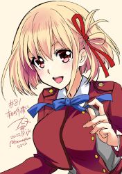 1girl 2022 artist_self-insert blonde_hair blue_ribbon blush bob_cut breasts collared_shirt dated hair_ribbon highres kanna_(plum) looking_at_viewer lycoris_recoil lycoris_uniform medium_breasts nishikigi_chisato numbered red_eyes red_ribbon ribbon shirt short_hair signature simple_background solo white_shirt