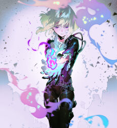 1boy androgynous ascot ashes belt black_jacket black_pants colored_eyelashes cowboy_shot fire floating_hair green_hair highres jacket km_(ksolee1201) lio_fotia long_sleeves looking_at_viewer male_focus motion_blur multiple_belts outstretched_arm pants promare purple_eyes serious shirt short_hair solo thigh_belt thigh_strap white_ascot white_shirt