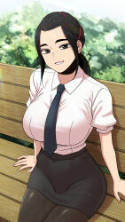 1girl absurdres beautiful_gunbari bench black_eyes black_hair black_necktie black_pantyhose black_skirt breasts day gwanak hair_pulled_back han_soi highres large_breasts looking_at_viewer necktie outdoors pantyhose ponytail school_uniform shirt short_sleeves sitting skirt white_shirt