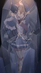 1girl arms_up bad_id bad_twitter_id belt black_background black_hair blue_jacket chromatic_aberration closed_eyes commentary facing_viewer frozen fur-trimmed_jacket fur_trim hair_between_eyes highres ice jacket kagura_hikari long_hair long_sleeves parted_lips pleated_skirt red_sash rococomm123 sash shoujo_kageki_revue_starlight shoulder_sash skirt solo sparkle_hair_ornament unconscious yellow_belt