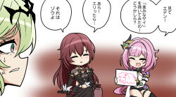 3girls anger_vein black_dress black_shorts black_tiara breasts brown_hair chibi chibi_only corset dress eden_(honkai_impact) eden_academy_school_uniform elf elysia_(honkai_impact) elysia_(miss_pink_elf)_(honkai_impact) hair_ornament holding_painting honkai_(series) honkai_impact_3rd large_breasts long_hair looking_at_another mobius_(honkai_impact) multiple_girls nabeiro_kin open_mouth painting_(object) pink_hair pointy_ears school_uniform short_shorts shorts smile speech_bubble thighs tiara translation_request very_long_hair white_corset