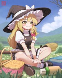 1girl 4th_lol apron artist_logo basket black_dress black_shoes blonde_hair blue_sky blush book bow braid buttons closed_mouth double-breasted dress frilled_apron frills full_body grass hair_bow hat hat_bow highres indian_style kirisame_marisa large_hat logo long_hair looking_at_viewer on_ground outdoors pink_bow puffy_short_sleeves puffy_sleeves shoes short_dress short_sleeves sitting sky socks solo touhou white_bow white_socks witch_hat yellow_eyes