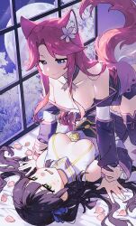 2girls absurdres animal_ears blue_eyes blush brown_hair ceri_(sakura_dungeon) commission commissioner_upload dotoram eye_contact fox_ears fox_tail highres japanese_clothes looking_at_another lying moon multiple_girls night night_sky non-web_source on_person petals pink_hair pinned sakura_dungeon sky tail yomi_(sakura_dungeon) yuri
