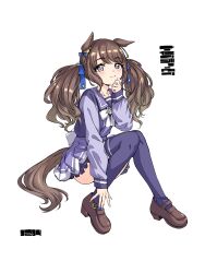 Rule 34 | 1girl, absurdres, animal ears, blush, brown hair, commentary request, ear ornament, full body, hamao, highres, horse ears, horse girl, horse tail, light smile, loafers, long hair, looking at viewer, multicolored nails, nail polish, purple eyes, purple serafuku, school uniform, serafuku, shoes, sitting, skirt, solo, tail, thighhighs, tosen jordan (umamusume), tracen school uniform, twintails, umamusume