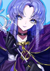 1girl blue_eyes blue_hair braid breasts dress fate/stay_night fate_(series) glint gloves hecate&#039;s_staff_(fate) holding holding_staff jewelry long_hair long_sleeves looking_at_viewer medea_(caster)_(fate) medea_(fate) pointy_ears portrait rasupekuto side_braid smile solo staff