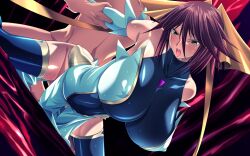 1boy 1girl aoi_nagisa_(metalder) arm_held_back bare_shoulders bent_over blue_leotard blue_thighhighs blush breasts brown_hair clothed_female_nude_male clothed_sex covered_erect_nipples covered_navel detached_sleeves doggystyle dress elbow_gloves gloves green_eyes hair_ribbon hanging_breasts hetero highres huge_breasts impossible_clothes kagano_megu leotard mahou_shoujo_ai non-web_source nude open_mouth ribbon saliva sex sex_from_behind shiny_clothes short_hair skin_tight solo_focus spread_legs sweat tears thighhighs thighs vaginal