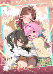 #unicus_(idolmaster) 3girls ^_^ absurdres black_hair blush brown_hair cardigan character_name closed_eyes commentary_request commission fake_photograph highres hug idolmaster idolmaster_cinderella_girls idolmaster_cinderella_girls_starlight_stage looking_at_viewer midnamana multiple_girls official_alternate_costume pink_hair pixiv_commission school_uniform shirt smile sunazuka_akira tsujino_akari upper_body v w white_shirt yellow_cardigan yumemi_riamu