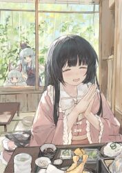 3girls :d ^_^ black_hair blue_dress blue_hair blue_hat blunt_bangs bow closed_eyes cup day dress food frilled_sleeves frills fujiwara_no_mokou hair_bow hat highres houraisan_kaguya indoors kamishirasawa_keine long_hair long_sleeves multiple_girls neckerchief open_mouth palms_together pink_shirt red_neckerchief shijiu_(shizuoxing) shirt shrimp shrimp_tempura smile table tempura touhou tray white_bow white_hair wide_sleeves window yunomi