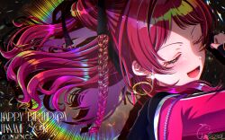 Rule 34 | 1girl, 2025, :d, absurdres, black ribbon, braid, chelsea0327, closed eyes, dated, earrings, fighting my way (idolmaster), floating hair, gakuen idolmaster, gem, hair ribbon, hanami saki, happy birthday, highres, idolmaster, jewelry, long hair, long sleeves, open mouth, portrait, red gemstone, red hair, ribbon, signature, smile, solo, sparkle