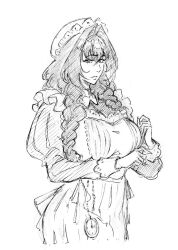 1girl apron black_dress blush braid breasts dress embroidered_dress fanged_bangs frilled_hat frills hair_intakes hat high-waist_dress hololive hololive_english kubo_tite_(style) large_breasts long_hair looking_at_viewer low_twin_braids maid maid_apron mob_cap official_alternate_costume official_alternate_hairstyle ouro_kronii ouro_kronii_(maid) pocket_watch puritan_collar rakusakugk simple_background solo twin_braids victorian_maid virtual_youtuber watch white_apron