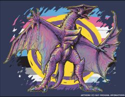 Rule 34 | artist name, beak, clawed wings, crest, daiei film, dewclaw, fins, fish tail, gamera: guardian of the universe, gamera (series), giant, giant monster, gyaos, kaiju, lgbt pride, looking at viewer, looking down, monster, no humans, open mouth, pride flag, pride month, ray fromme, roaring, sharp teeth, signature, slit pupils, super gyaos, tail, talons, teeth, tongue, veins, veiny wings, wings, yellow eyes