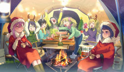 6+girls :d :t ;q absurdres adjusting_clothes adjusting_headwear animal_ears antlers arms_up beer_can bell black-framed_eyewear black_hair black_pants blue_coat blue_hair blue_pants blurry blurry_foreground boots bowl brown_footwear camera camping can chair christmas clenched_hand closed_mouth coat commentary cup denim drink_can drunk eating english_text fake_antlers fang fire folding_chair folding_table frown glasses green_eyes green_jacket grey_footwear hair_bell hair_ornament hair_scrunchie hat highres holding holding_bowl holding_camera holding_can holding_spoon horns inuyama_akari inuyama_aoi jacket jeans kagamihara_nadeshiko lamp leaning_forward letterman_jacket light_brown_hair looking_at_another minawa multiple_girls night one_eye_closed oogaki_chiaki opaque_glasses open_mouth outdoors pants pink_hair pink_scrunchie plate poncho purple_eyes rabbit_ears reaching rectangular_eyewear red_coat red_headwear reindeer_antlers saitou_ena santa_costume santa_hat scrunchie shima_rin short_hair siblings side_ponytail sisters sitting skin_fang smile sparkle spoon standing table taking_picture tent toba_minami tongue tongue_out twintails white_footwear yurucamp zipper