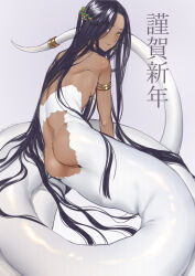 1boy absurdres armlet ass black_hair dark-skinned_male dark_skin from_behind highres jewelry lamia_boy long_hair looking_at_viewer looking_back monster_boy nipple_piercing nipples original penis piercing slit_pupils solo tawapo trap very_long_hair yellow_eyes
