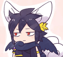 1boy angel angel_wings animal_ears black_hair cat_ears chibi chibi_only dark_pit gen_6_pokemon kid_icarus kid_icarus_uprising laurel_crown male_focus meowstic nintendo pokemon red_eyes solo wings yukigi