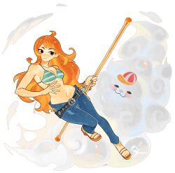 Rule 34 | 1girl, 1other, :3, artist name, belt, bikini, bikini top only, blue nails, bracelet, closed mouth, cloud, commentary, denim, freckles, full body, hat, high heels, highres, holding, holding staff, jeans, jewelry, log pose, long hair, looking to the side, nami (one piece), one piece, orange hair, pants, reisame, smile, solo, staff, swimsuit, zeus (one piece)