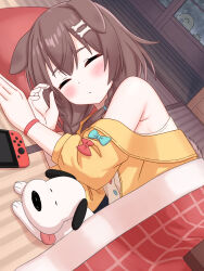 Rule 34 | animal ears, arasaka chiharu, armpit crease, blush, bone hair ornament, closed eyes, closed mouth, commentary request, dog ears, dog girl, dutch angle, facing viewer, hair ornament, highres, hololive, hoso-inu, indoors, inugami korone, inugami korone (1st costume), listener (inugami korone), lying, nintendo switch, off shoulder, on floor, on side, pillow, sleeping, tatami, tongue, tongue out, under covers, upper body, window, wristband