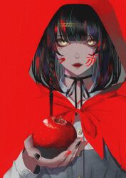 1girl absurdres apple bandaid bandaid_on_face black_hair black_ribbon body_writing braid buttons cape choker closed_mouth collared_shirt colored_inner_hair commentary_request dress eyeliner food fruit green_hair grey_hair hair_ornament highres holding holding_food holding_fruit hood hooded_cape looking_at_viewer makeup medium_hair multicolored_hair original purple_hair red_background red_cape red_eyeliner red_hair red_lips ribbon shirt short_hair single_braid solo streaked_hair syakemayusan white_dress yellow_eyes