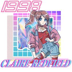 Rule 34 | 1990s (style), 1girl, blue eyes, blue shorts, brown hair, choker, claire redfield, collarbone, commentary, denim, denim shorts, english commentary, hand on own thigh, heart, heart choker, high ponytail, highres, jacket, looking at viewer, memphis design, nail polish, open clothes, open jacket, pink jacket, ponytail, purple nails, red choker, red shirt, redmageroxy, resident evil, resident evil 2, retro artstyle, shirt, shorts, solo, standing
