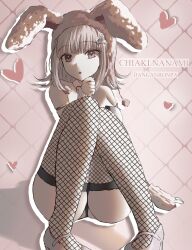 1girl :o animal_ears asanoha_(asanowa) ass breasts brown_hair character_name danganronpa_(series) danganronpa_2:_goodbye_despair fake_animal_ears fishnet_thighhighs fishnets galaga heart highres knees_up leotard medium_hair nanami_chiaki pink_eyes playboy_bunny rabbit_ears shoes sitting solo spaceship_hair_ornament thighhighs