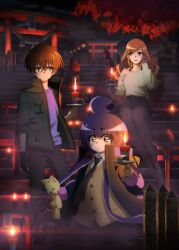 1boy 2girls ahoge arms_up black_eyes black_gloves black_hair black_jacket black_pants black_skirt black_socks blush brown_eyes brown_hair candle closed_mouth dark_gathering gentouga_keitarou gloves highres houzuki_eiko houzuki_yayoi jacket long_hair looking_at_viewer multiple_girls pants puppet purple_shirt shirt sitting skirt skull-shaped_pupils smile socks stuffed_toy supernatural symbol-shaped_pupils symbol_in_eye very_long_hair white_shirt yellow_shirt