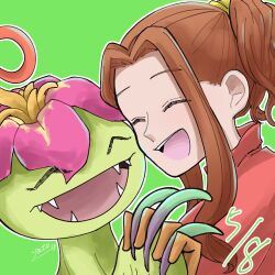 Rule 34 | brown eyes, brown hair, digimon, digimon (creature), digimon adventure, flower, highres, long hair, monster girl, palmon, petals, plant girl, sharp teeth, tachikawa mimi, teeth