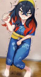 Rule 34 | 1girl, anger vein, angry, barefoot, black hair, blush, carmine (pokemon), clenched hands, clenched teeth, colored inner hair, covering crotch, covering privates, crossed bangs, embarrassed, eyebrows hidden by hair, fanny pack, feet, female focus, full body, hair between eyes, hair ornament, hairband, hand up, highres, indoors, japanese clothes, jinbei (clothes), knees together feet apart, long hair, looking at viewer, looking down, michinoku (michino934), multicolored hair, neck, nintendo, official alternate costume, parted lips, peeing, peeing self, pigeon-toed, pokemon, pokemon sv, sandals, short sleeves, shorts, side slit, side slit shorts, sidelocks, tears, teeth, toenails, toes, traditional clothes, trembling, two-tone hair, unworn sandals, wide sleeves, yellow bag, yellow eyes, yellow hairband